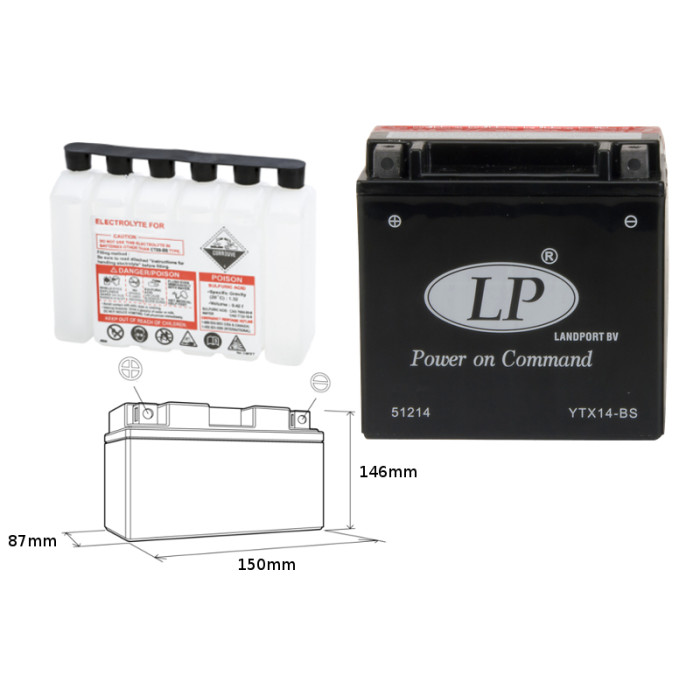 LANDPORT battery YTX14BS 12V 12AH 152X88X147 Electrolyte filler separately UE2019/1148