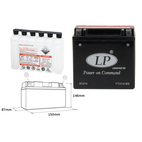 LANDPORT battery YTX14BS 12V 12AH 152X88X147 Electrolyte filler separately UE2019/1148