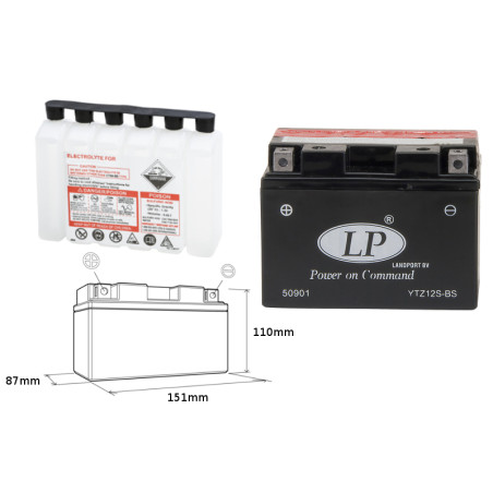 LANDPORT akumuliatorius YTZ12S-BS 12V 11AH 150X87X110 (GTZ12S) Elektrolitų užpildas atskirai  UE2019/1148
