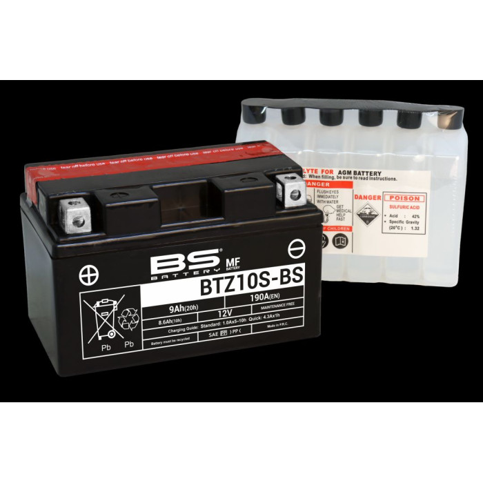 BS battery BTZ10S-BS (YTZ10S, YTZ10S-BS) 12V 8.6AH 150X86X95 Electrolyte filling separately (190A) UE2019/1148