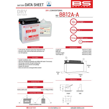 BS battery BB12A-A (YB12A-A) 12V 12AH 134X81X160 Electrolyte filling separately (155A) UE2019/1148