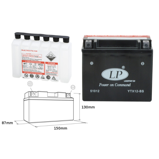 LANDPORT battery YTX12-BS 12V 10AH 152X88X131 (GTX12BS) Electrolyte filler separately UE2019/1148