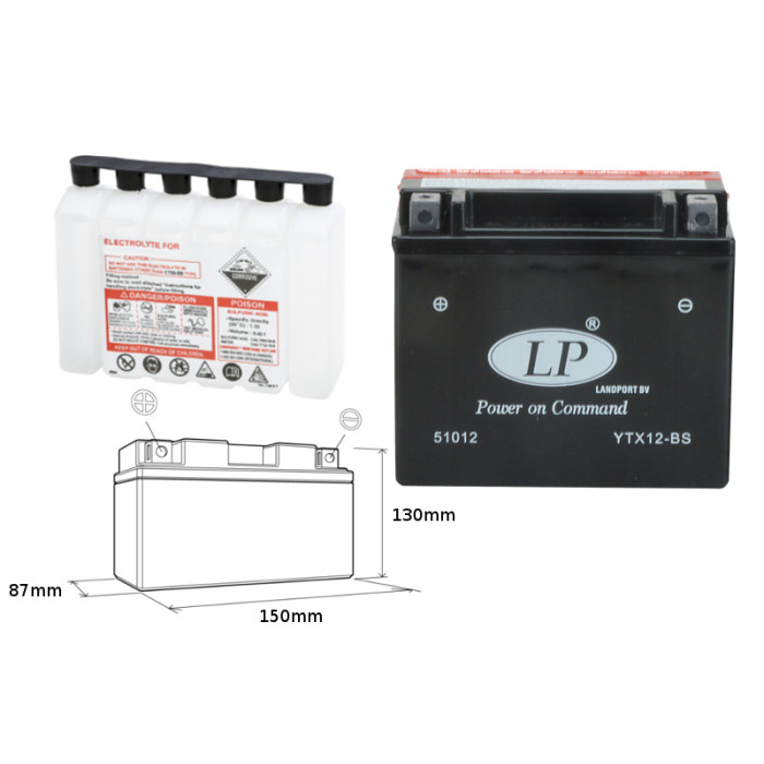 LANDPORT battery YTX12-BS 12V 10AH 152X88X131 (GTX12BS) Electrolyte filler separately UE2019/1148