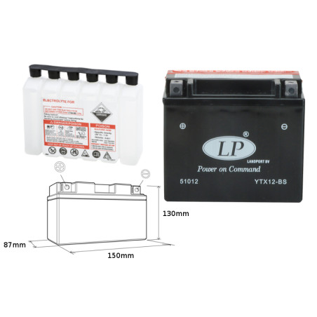 LANDPORT akumuliatorius YTX12-BS 12V 10AH 152X88X131 (GTX12BS) Elektrolitų užpildas atskirai  UE2019/1148