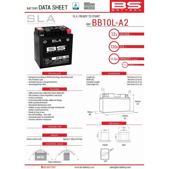 BS battery BB10L-A2 (FA) (YB10L-A2) 12V 11AH 136X91X146 filled (160A) - old product code 300677