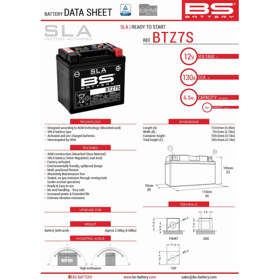 BS battery BTZ7S (FA) (YTZ7S) 12V 6AH 112X69X103 filled (130A) (8)