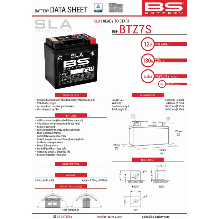 BS battery BTZ7S (FA) (YTZ7S) 12V 6AH 112X69X103 filled (130A) (8)
