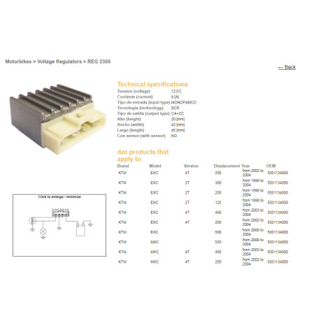 DZE voltage regulator (current rectifier) ​​KTM EXC '98-04 (2T+4T) (5031134000) (12V/8A) (ESR085)