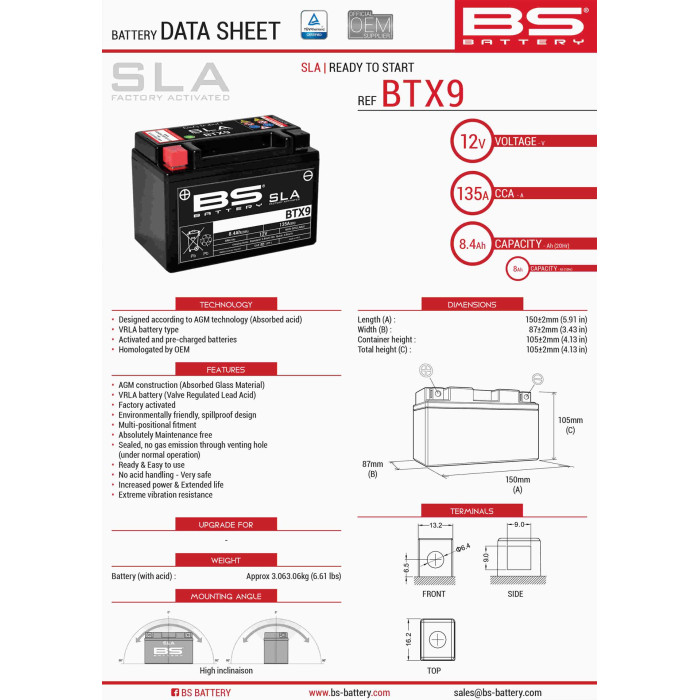 BS battery BTX9 (FA) (YTX9-BS) 152X88X106 12V 8AH filled (120A) (9)