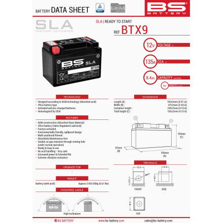 BS akumuliatorius BTX9 (FA) (YTX9-BS) 152X88X106 12V 8AH užpildytas (120A) (9)