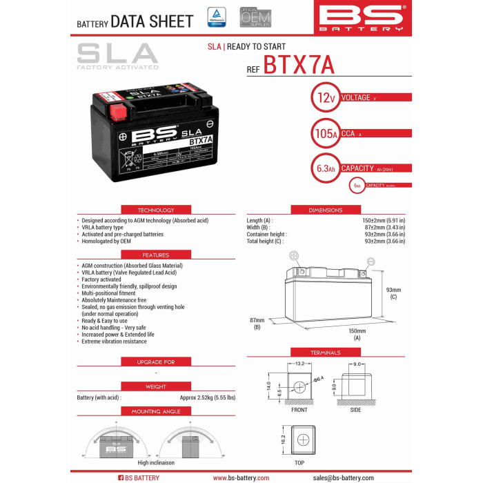 BS battery BTX7A (FA) (YTX7A-BS) 12V 6AH 152X88X94 filled (90A) (6)