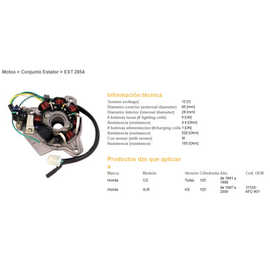 DZE windings HONDA XLR125 97-00, CG125 91-98 (OEM-31120-KFC-901)