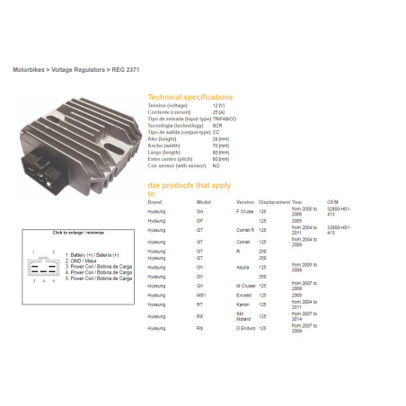 DZE įtampos reguliatorius (srovės lygintuvas) HYOSUNG GA/GF/GT/GV/RX 125 '04-'11 (32800-H01-413) (12V/25A)