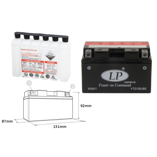 LANDPORT battery YTZ10S-BS 12V 8.5AH 151X87X94 Electrolyte filler separately (6) UE2019/1148
