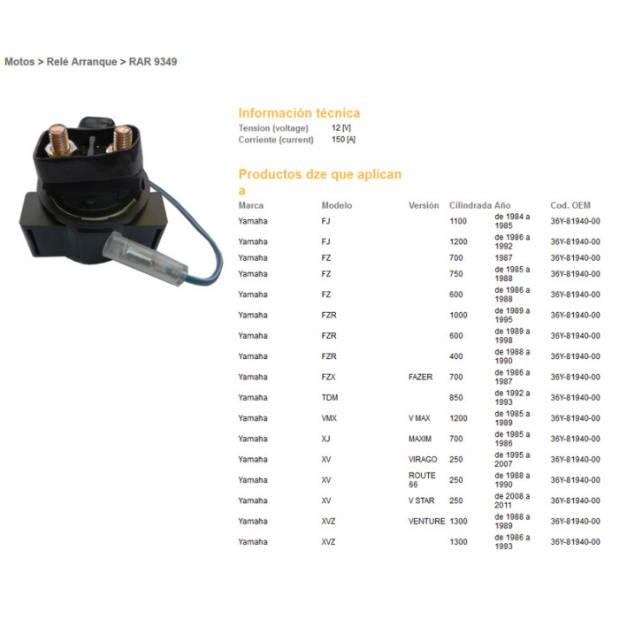 DZE starter relay YAMAHA FJ1100/1200, V-MAX1200, FZR600/1000, TDM850, FZ750 (36Y-81940-00) (150A)