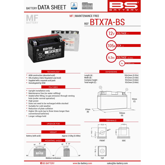 BS battery BTX7A-BS (YTX7A-BS) 12V 6AH 152X88X94 Electrolyte filling separately (90A) (6) UE2019/1148
