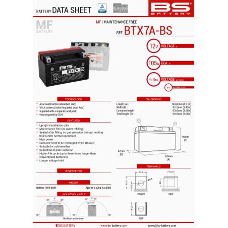BS battery BTX7A-BS (YTX7A-BS) 12V 6AH 152X88X94 Electrolyte filling separately (90A) (6) UE2019/1148
