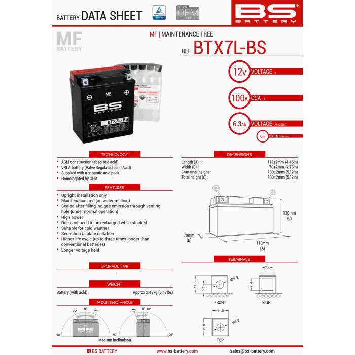 BS battery BTX7L-BS (YTX7L-BS) 12V 6AH 144X71X131 Electrolyte filling separately (85A) (6) UE2019/1148