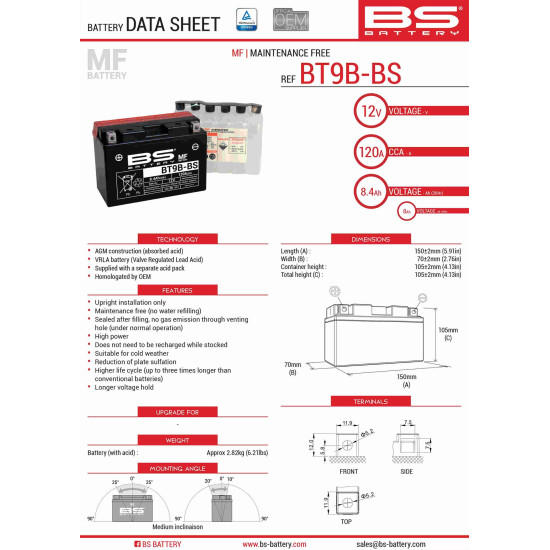 BS battery BT9B-BS (YT9B-BS) 12V 8AH 150X70X105 Electrolyte filling separately (120A) (6) UE2019/1148