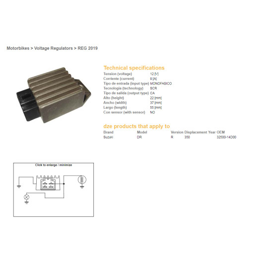 DZE voltage regulator (rectifier) ​​SUZUKI DR 350R '90-'99, RMX 250 '89-'98 (32500-14D00) 12V/8A
