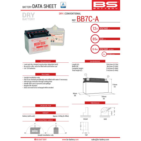 BS akumuliatorius BB7C-A (YB7C-A) 130X90X114 Elektrolitų užpildas atskirai (85A) (6) UE2019/1148