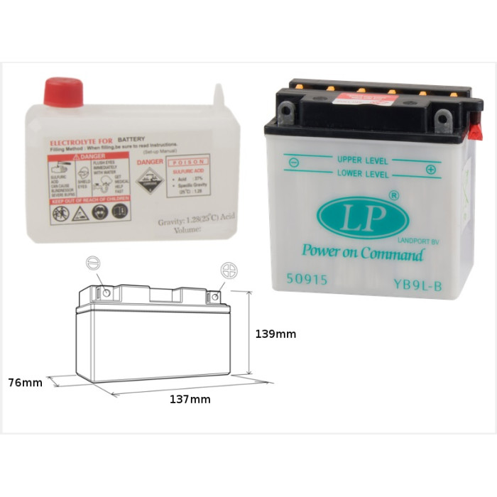 LANDPORT battery YB9L-B 12V 9AH 137X76X140 (12N9-3B) Electrolyte filler separately UE2019/1148