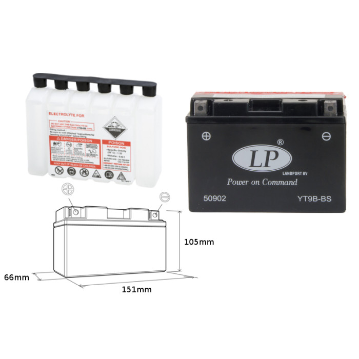 LANDPORT battery YT9B-BS 12V 8AH 150X70X105 Electrolyte filler separately (6) UE2019/1148