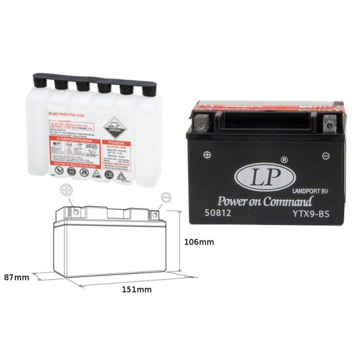LANDPORT battery YTX9-BS 12V 8AH 152X88X106 Electrolyte filler separately (6) UE2019/1148
