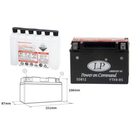 LANDPORT battery YTX9-BS 12V 8AH 152X88X106 Electrolyte filler separately (6) UE2019/1148