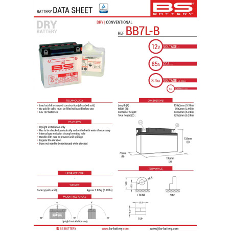 BS battery BB7L-B (YB7L-B) (12N7-3B) (YB7L-B2) 12V 8AH 135X75X133 Electrolyte filling separately (85A) (6) UE2019/1148 (31