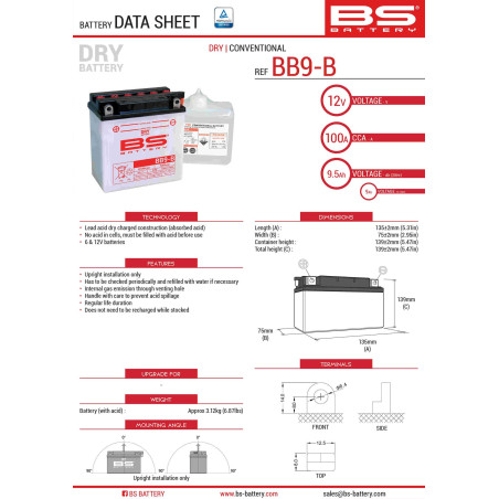 BS battery BB9-B (YB9-B) (12N9-4B-1) 12V 9AH 135X75X139 Electrolyte filling separately (115A) (6) UE2019/1148