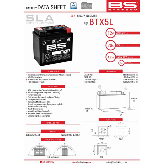 BS battery BTX5L (FA) (YTX5L-BS) 12V 4AH 114X71X106 filled (70A) (8)