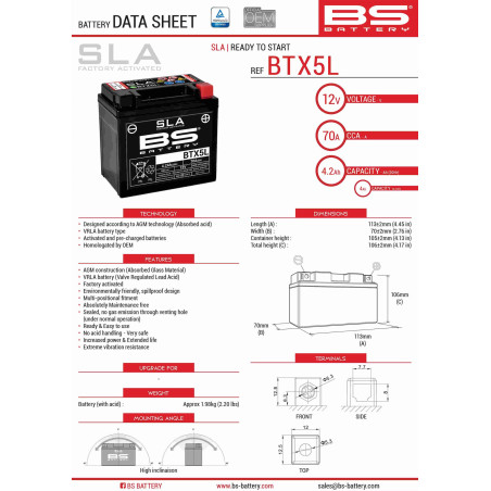 BS akumuliatorius BTX5L (FA) (YTX5L-BS) 12V 4AH 114X71X106 užpildytas (70A) (8)