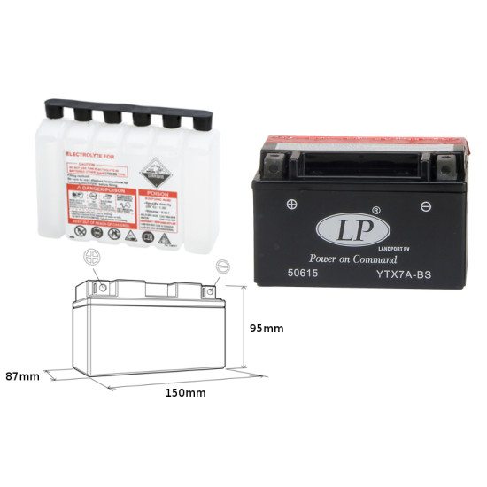 LANDPORT battery YTX7A-BS 12V 6AH 152X88X94 (GTX7ABS) Electrolyte filler separately (6) UE2019/1148