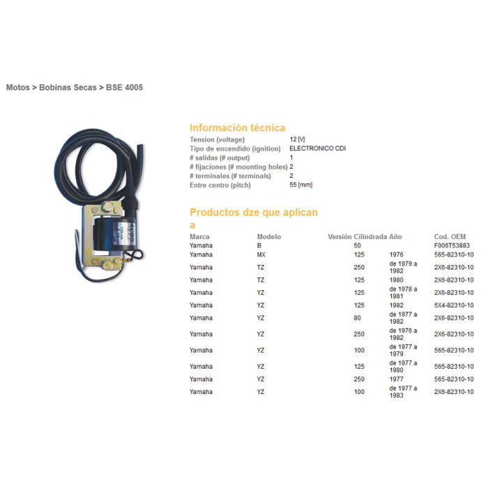 DZE ignition coil (reel) YAMAHA YZ 125 77-82, YZ 250 76-82 (2X6-82310-10) (565-82310-10)