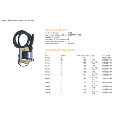 DZE ignition coil (reel) YAMAHA YZ 125 77-82, YZ 250 76-82 (2X6-82310-10) (565-82310-10)