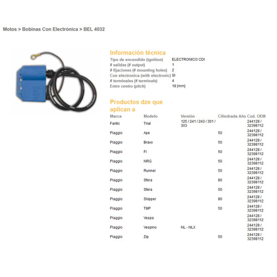 DZE ignition coil (reel) PIAGGIO 50 BRAVO/NRG/RUNNER/SFERA/ZIP/FI/VESPA (OEM-32398112)