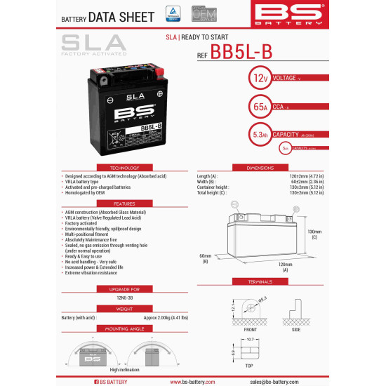 BS battery BB5L-B (FA) (YB5L-B) (12N5-3B) 12V 5AH 120X60X130 filled (65A) (6)