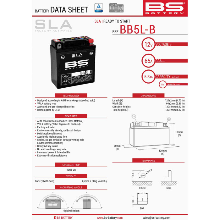 BS akumuliatorius BB5L-B (FA) (YB5L-B) (12N5-3B) 12V 5AH 120X60X130 užpildytas (65A) (6)