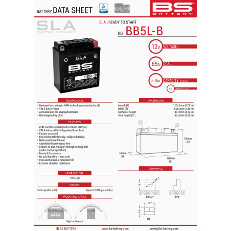 BS battery BB5L-B (FA) (YB5L-B) (12N5-3B) 12V 5AH 120X60X130 filled (65A) (6)