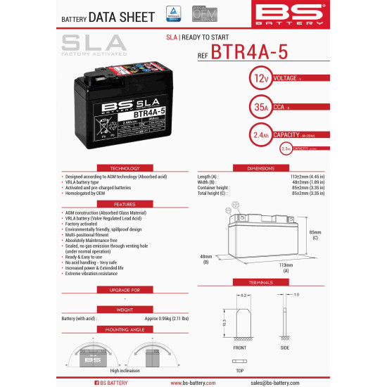 BS battery BTR4A-5 (FA ) (YTR4A-BS) 12V 2.3AH 113X48X85X filled (35A)