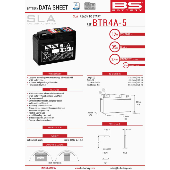 BS battery BTR4A-5 (FA ) (YTR4A-BS) 12V 2.3AH 113X48X85X filled (35A)
