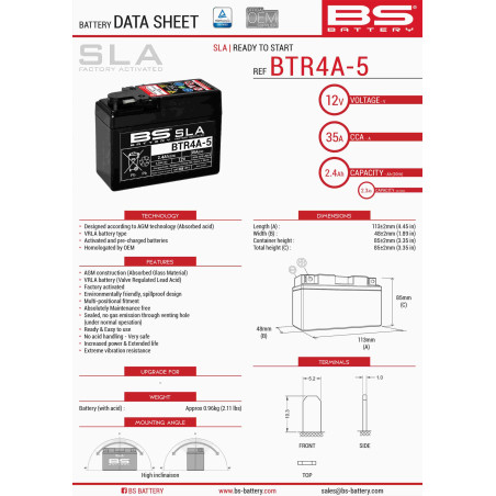BS battery BTR4A-5 (FA ) (YTR4A-BS) 12V 2.3AH 113X48X85X filled (35A)