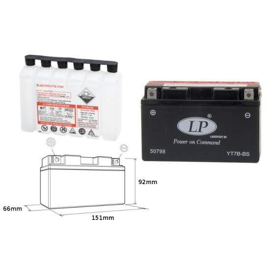 LANDPORT battery YT7B-BS 12V 6.5AH 150X65X93 Electrolyte filler separately (6) UE2019/1148