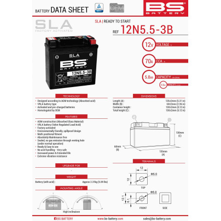 BS battery 12N5,5-3B (FA) (12N5,5-3B) 12V 5,5AH 138X61X131 filled (70A) (6)