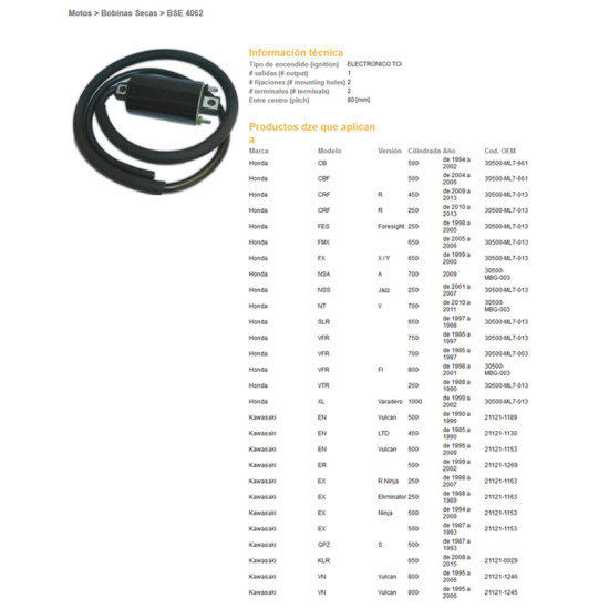 DZE ignition coil (reel) HONDA CRF250R 10-13, CRF450R 09-13, CBF500, KAWASAKI, YAMAHA XT600 '90-'97, XV125/250, TDM
