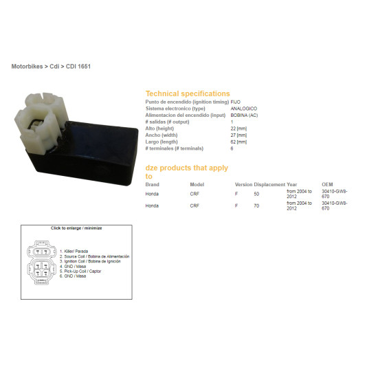 DZE CDI (ignition module) CDI HONDA CRF50/70F '04-'12 (30410-GW8-670)