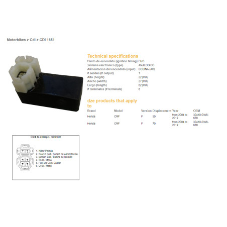 DZE CDI (ignition module) CDI HONDA CRF50/70F '04-'12 (30410-GW8-670)