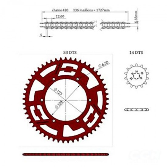 Derbi Senda 50 14x53 sprocket and chain set Doppler