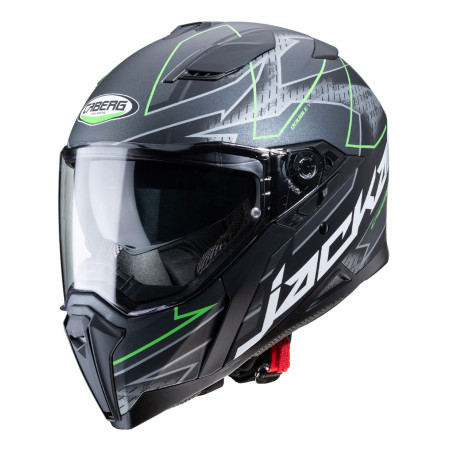 CABERG šalmas su integruotais akiniais, modelis: JACKAL TECHNO MATT BLACK/ANTHRACITE/GREEN FLUO spalva: juoda matinė/pilka/žalia